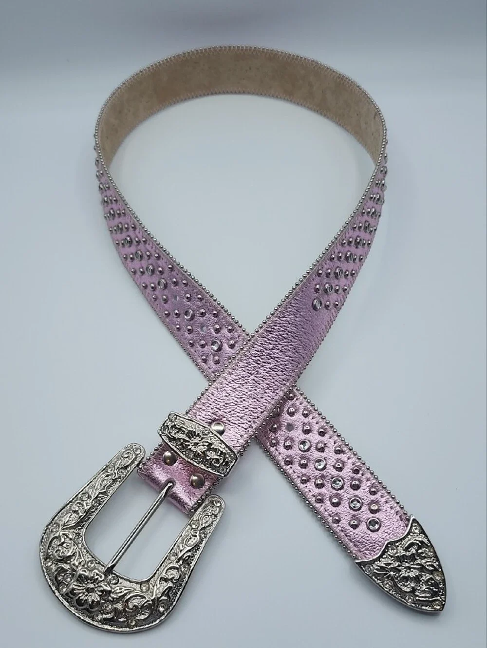 Nocoma Y2K Studded Metallic Pink Women’s Belt with Ornate Silver Buckle